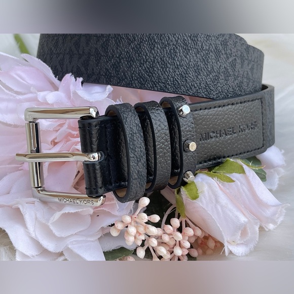 Michael Kors Women's Triple Loop Studded Black Logo Belt - Picture 4 of 14
